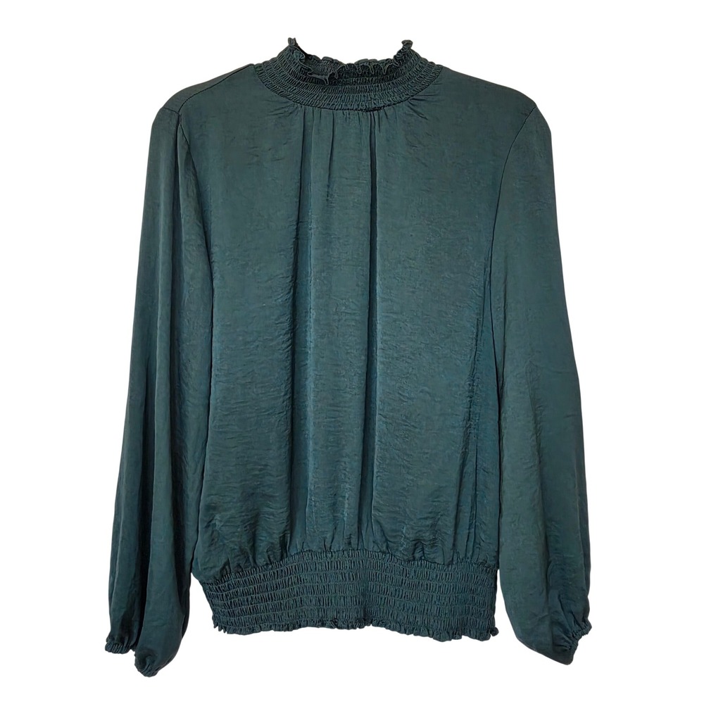 Emerald Green Ruffle Neck Satin Top S Edwardian Regency Royal Preppy Jewel Tone